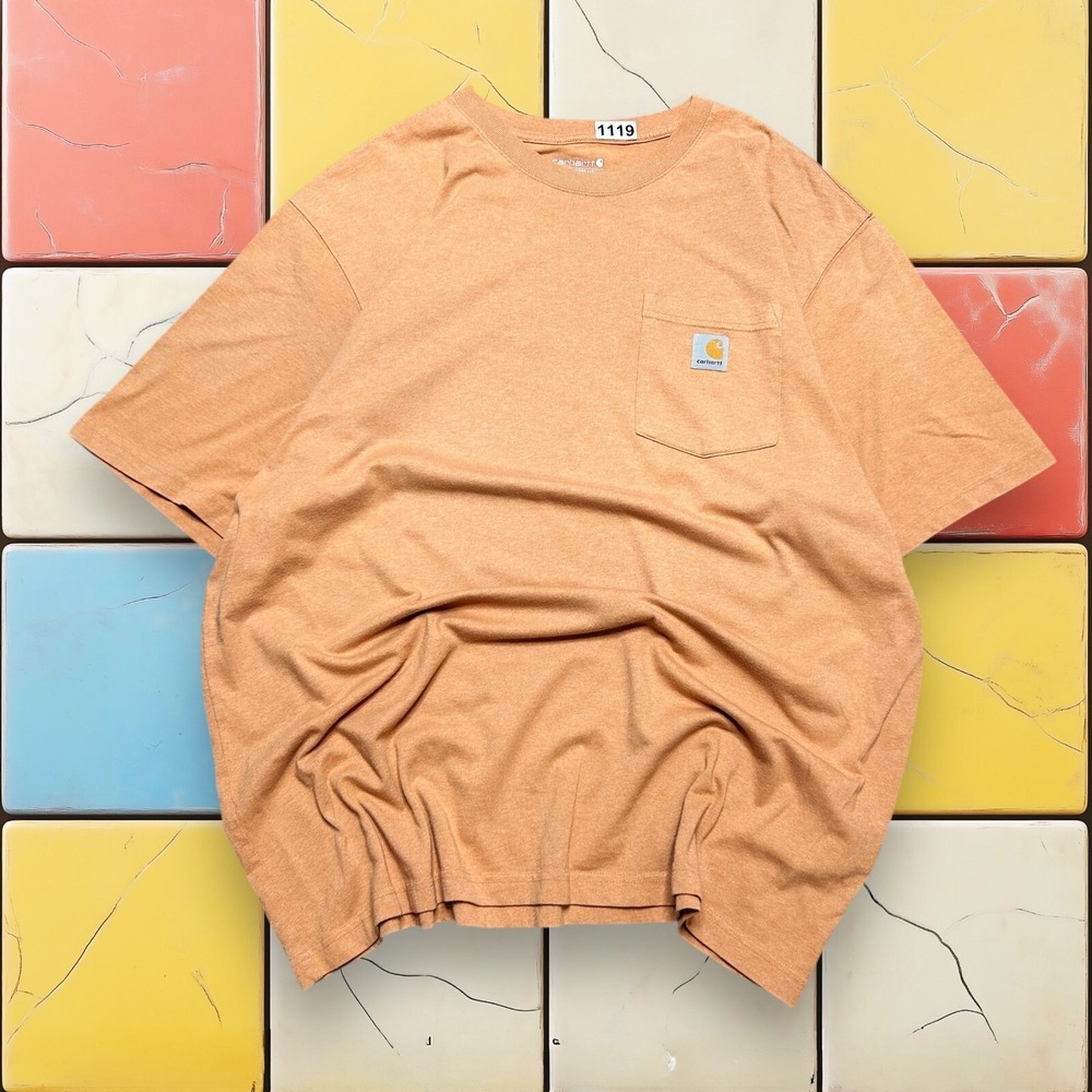 Y2K Carhartt Mens T-Shirt Loose Fit Pocket Tee Workwear Peach Orange‎ Size XL